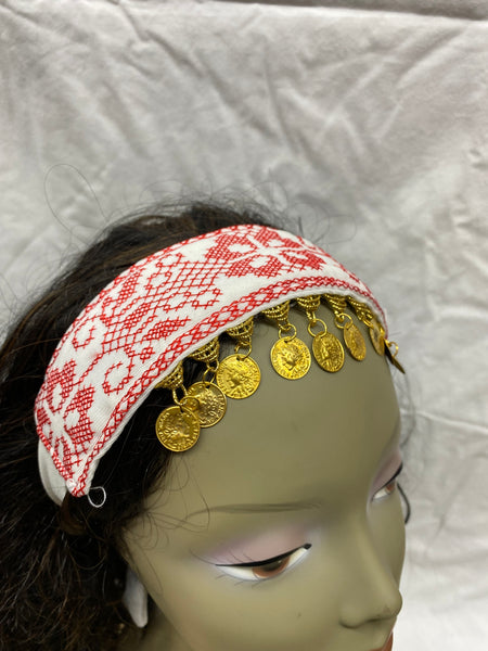 Palestinian embroidered red & white head scarf with gold plated coins