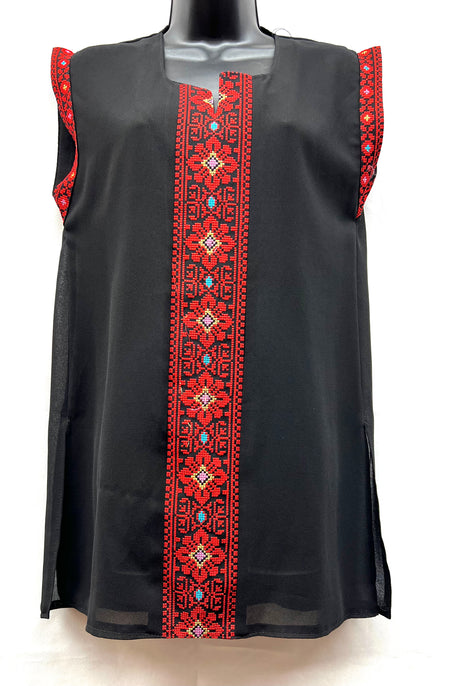 Embroidered chiffon sleeveless shirt black with red stitching & mixed colors size[1]