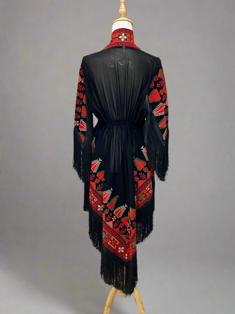Embroidered Black Fringe Jacket With Red And Green Stitching