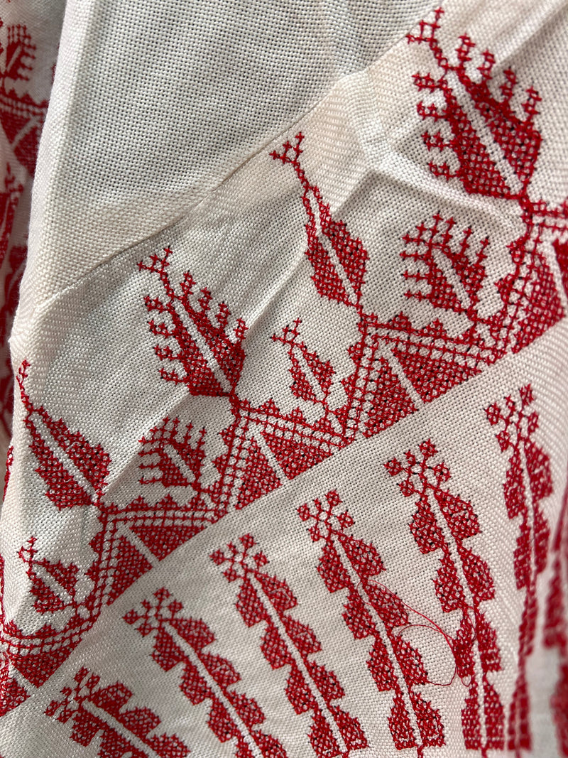 Embroidered White Shawl - Solid Red Stitch