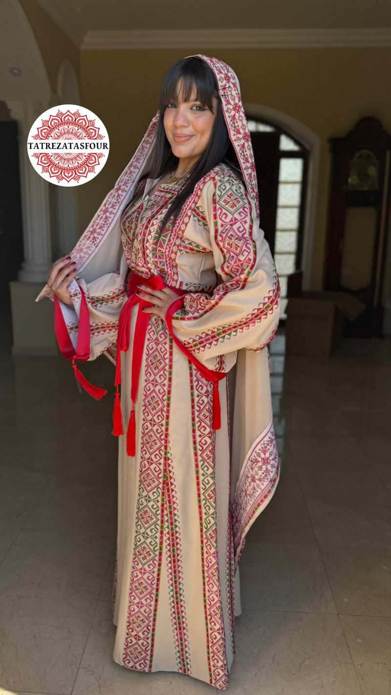 Beige princess thobe with red embroidery