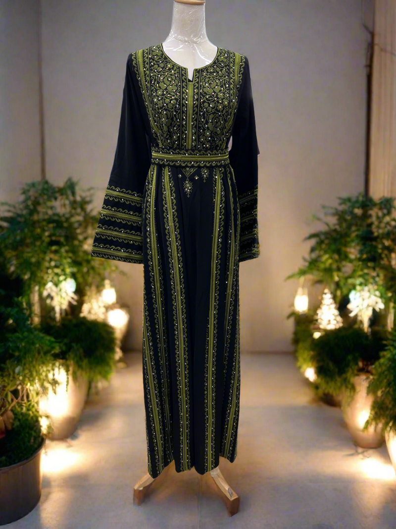 Black Thobe with Solid Olive Green Manajel Embroidery