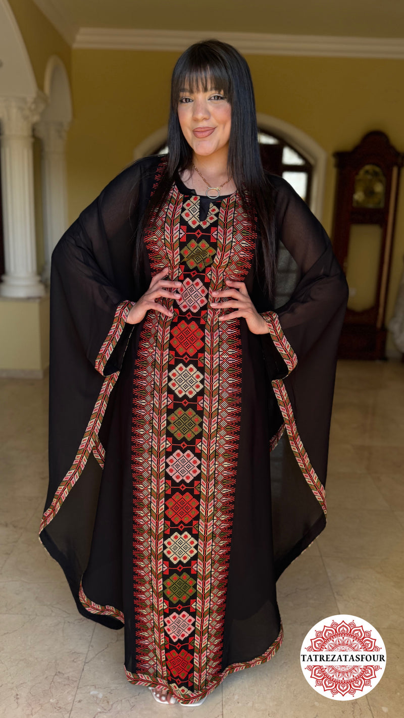 EMBROIDERED CHIFFON ABAYA – BLACK WITH RED TOUCHS
