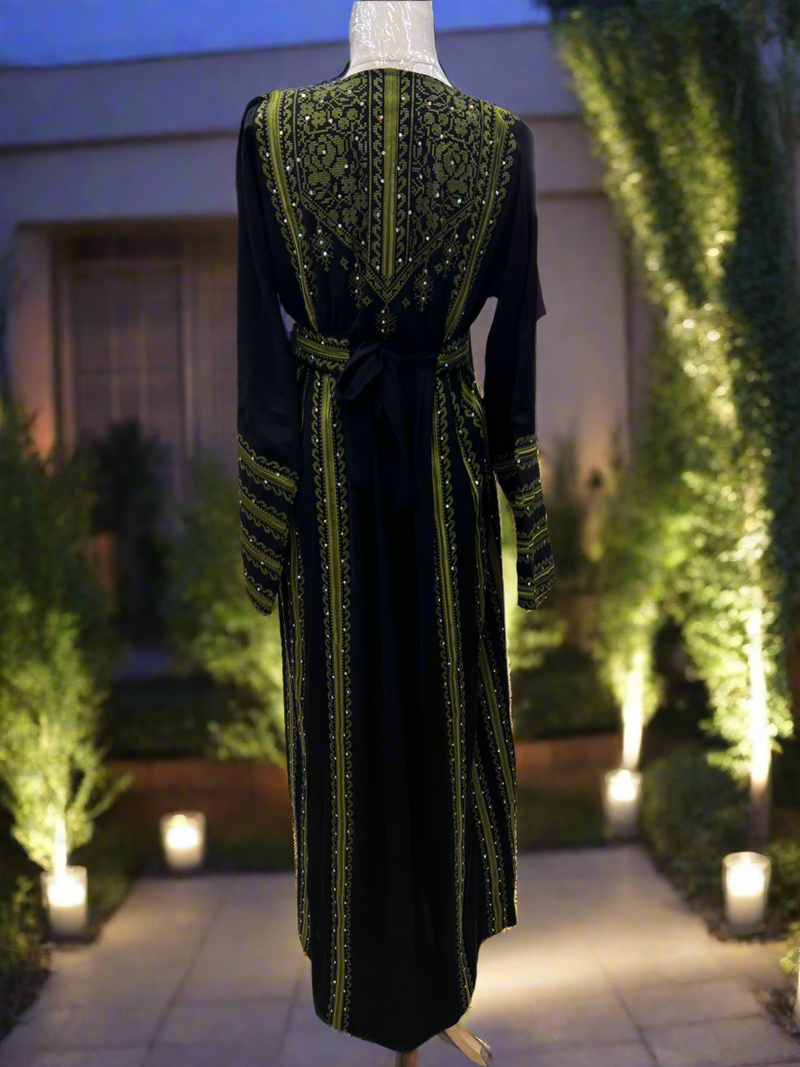 Black Thobe with Solid Olive Green Manajel Embroidery