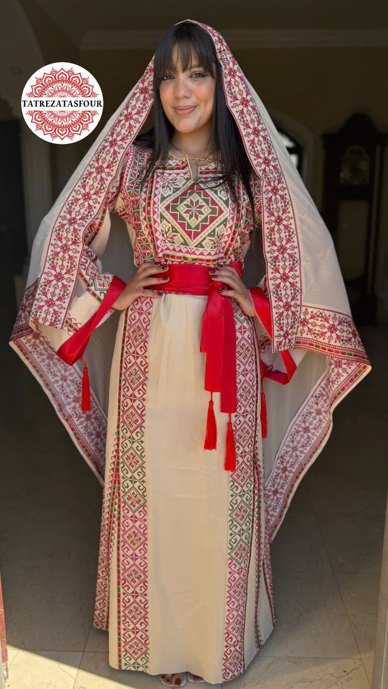 Beige princess thobe with red embroidery