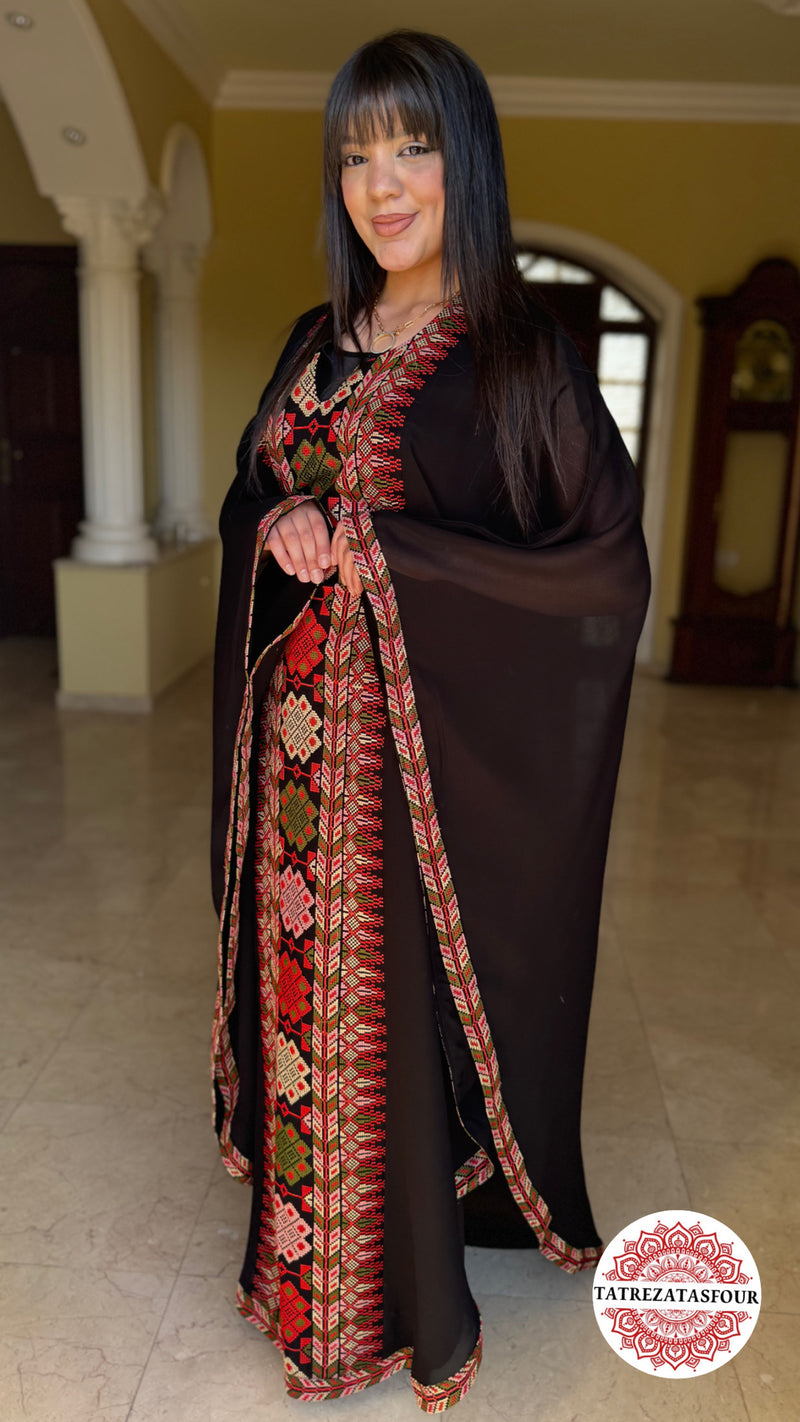 EMBROIDERED CHIFFON ABAYA – BLACK WITH RED TOUCHS