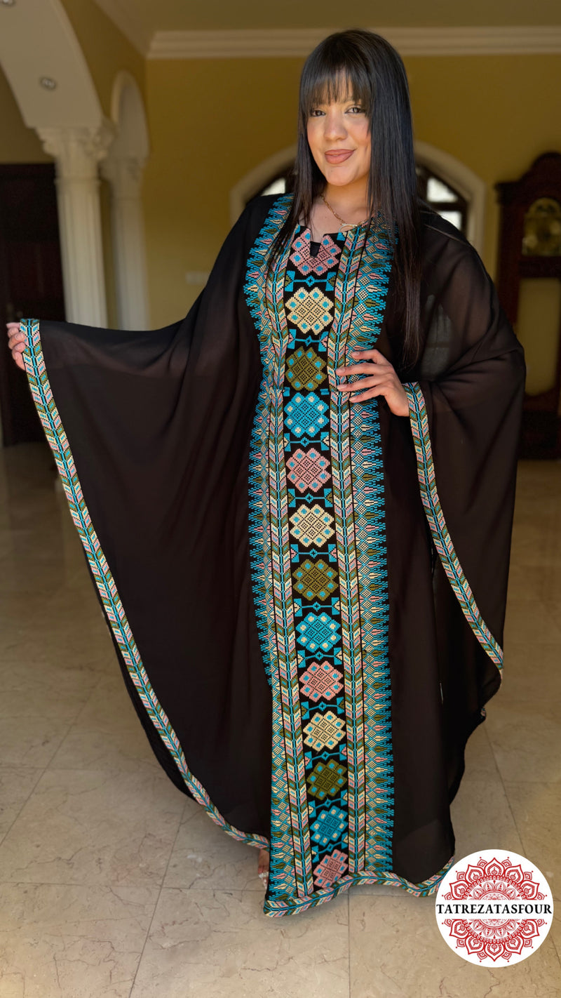 EMBROIDERED CHIFFON ABAYA – BLACK WITH BLUE