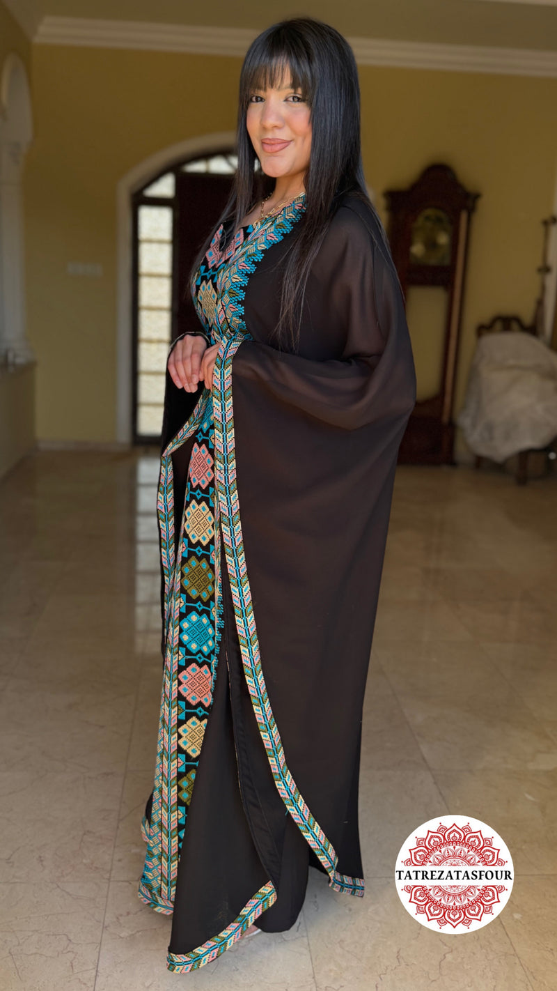 EMBROIDERED CHIFFON ABAYA – BLACK WITH BLUE
