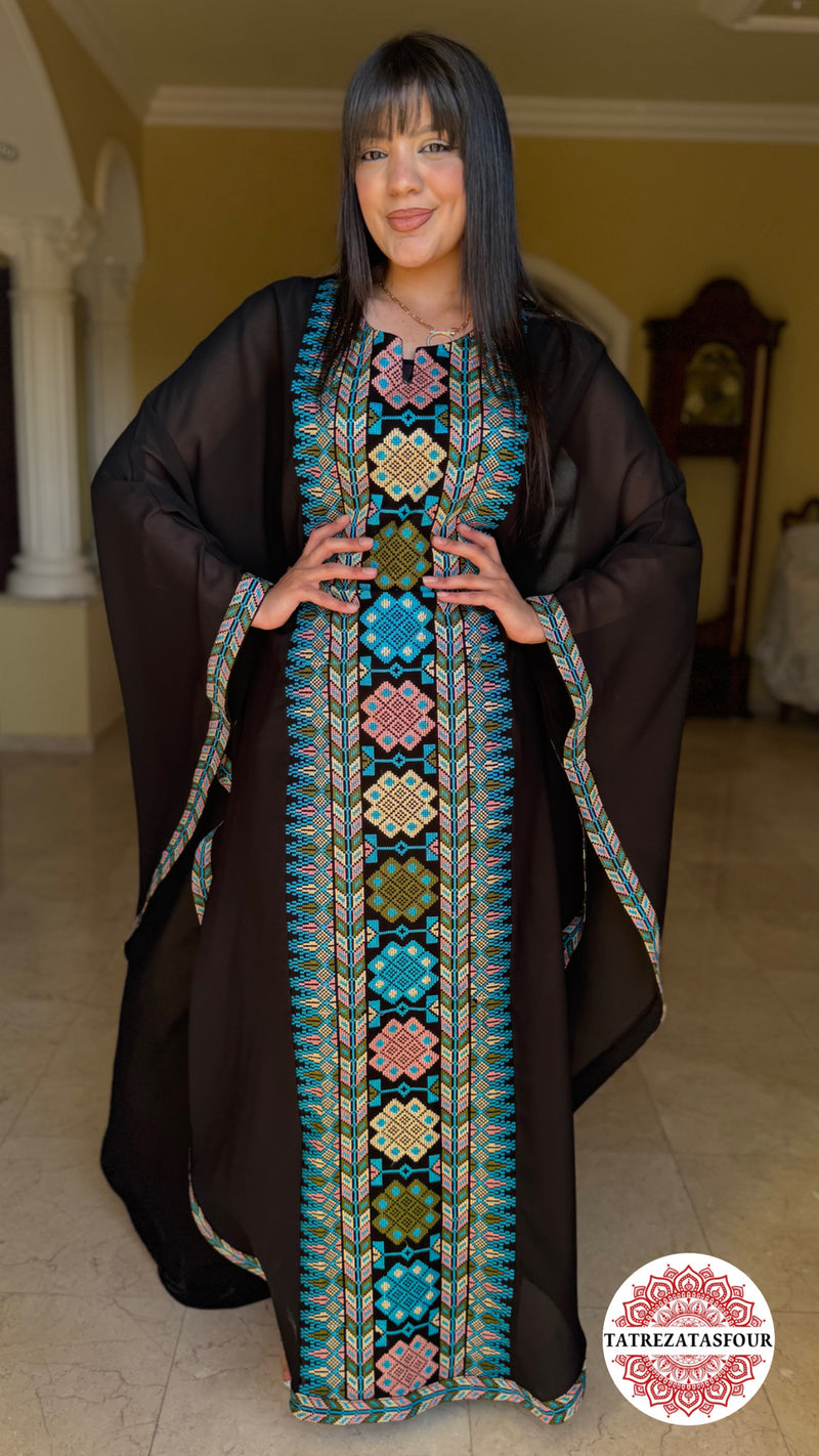 EMBROIDERED CHIFFON ABAYA – BLACK WITH BLUE