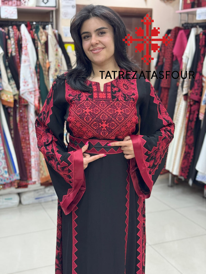 Palestinian Black Thobe with Burgundy Embroidery