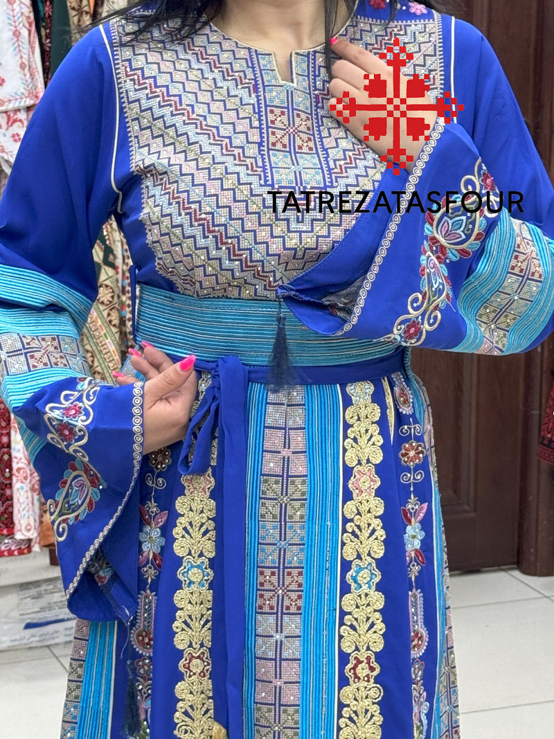 Luxurious Blue Thobe With Gold Exquisite Cane Embroidery