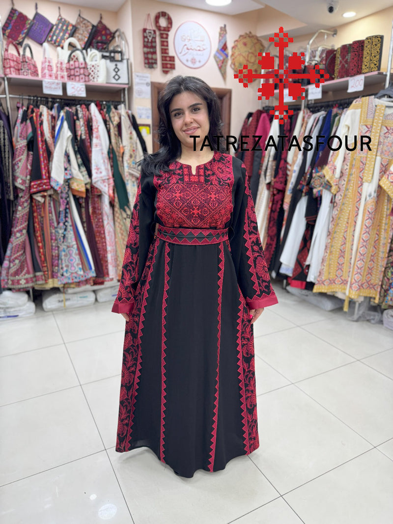Palestinian Black Thobe with Burgundy Embroidery