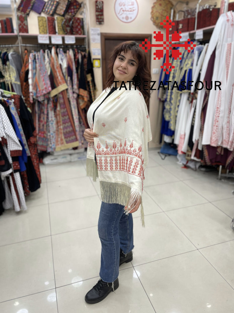Embroidered White Rectangular Shawl with Red Stitch