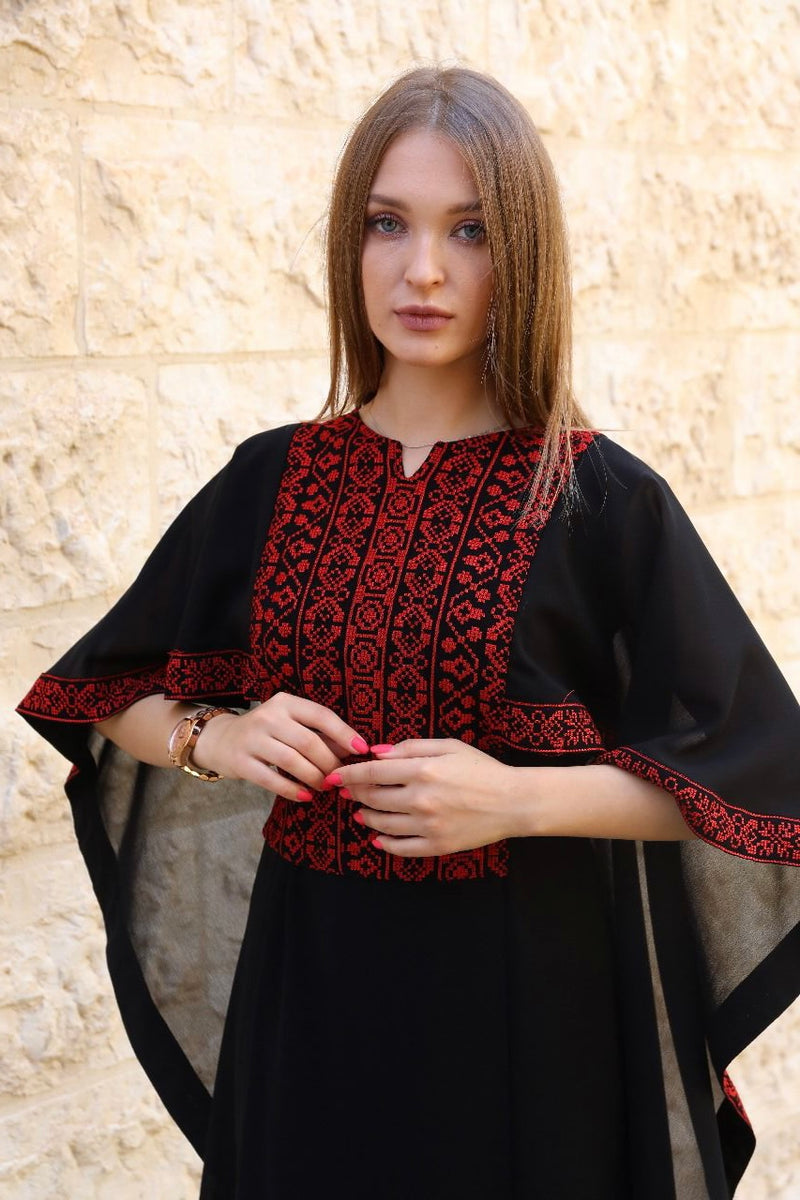 Embroidered Black chiffon fabric Red color one size fits all