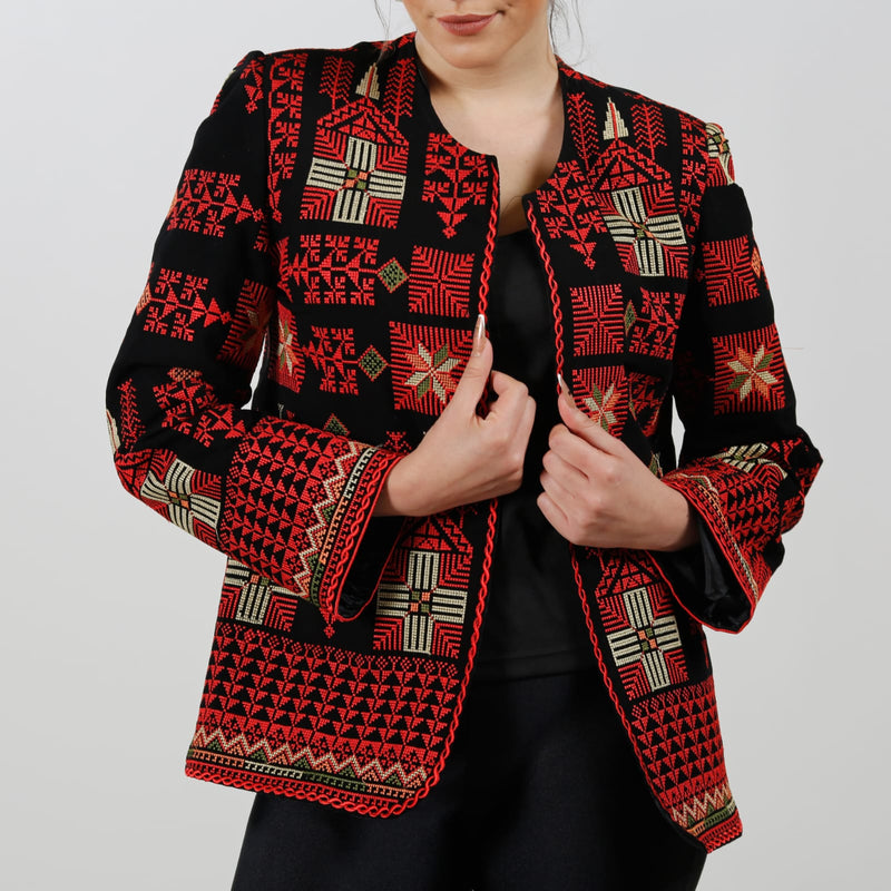 Embroidered fabric black jacket on red Stitching with multi colors size 4