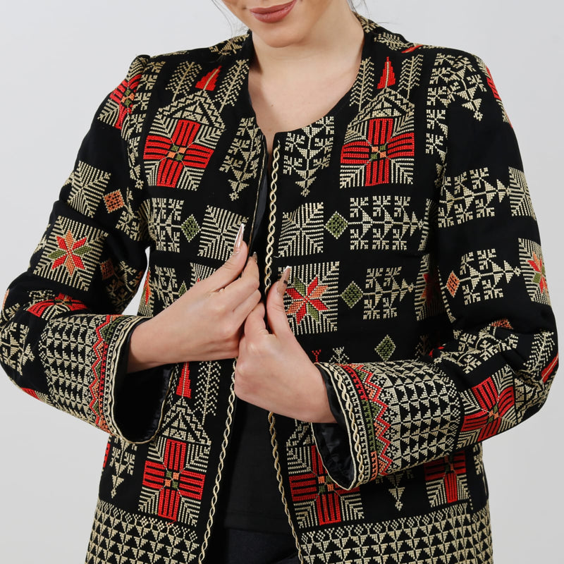 Embroidered fabric black jacket on Gold Stitching with multi colors size 4