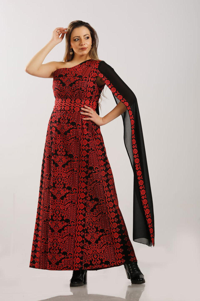 Off shoulder Embroidered with black fabric Red Stitching size 3
