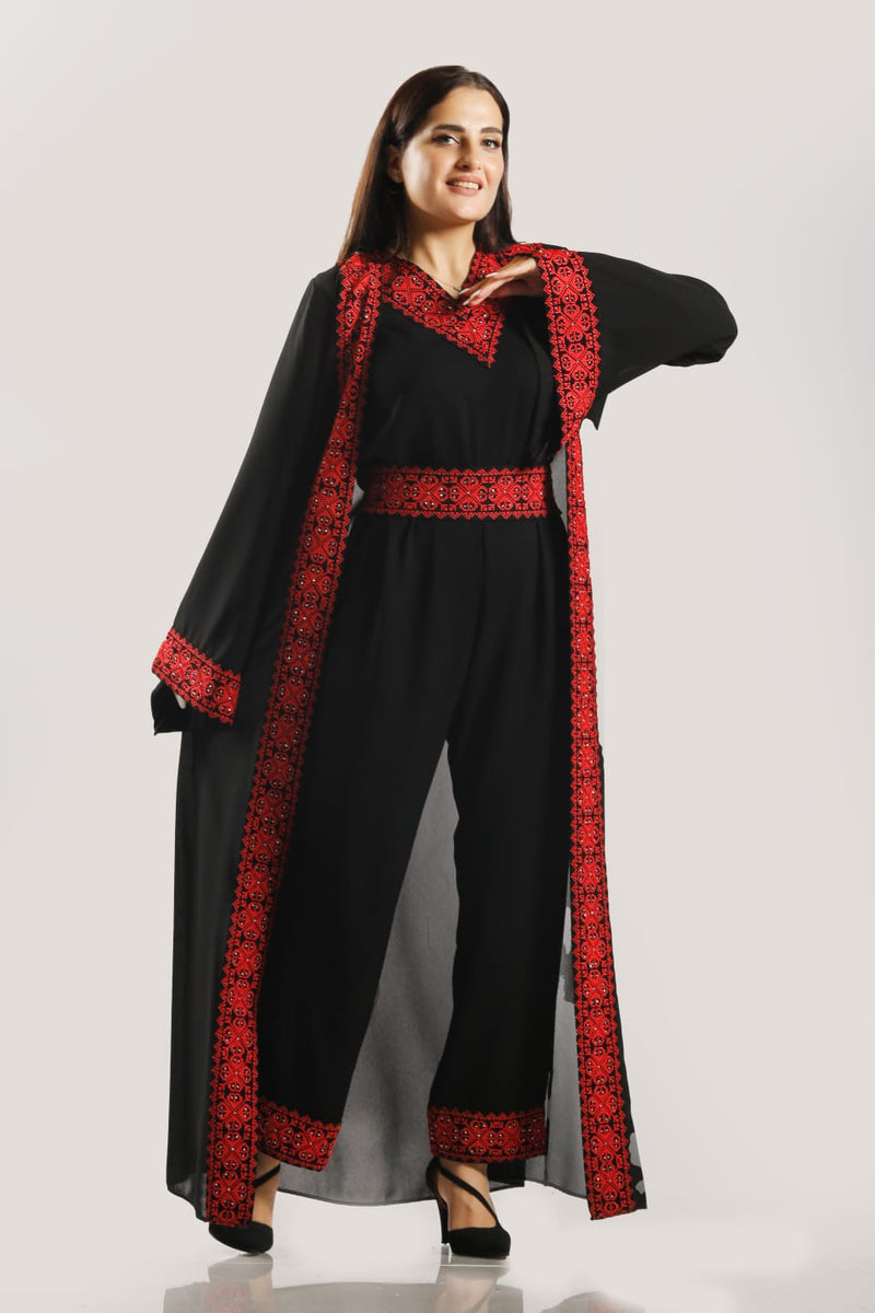jumpsuit Embroidered Black Fabric with Red stitching comes in 2 pieces size 4
