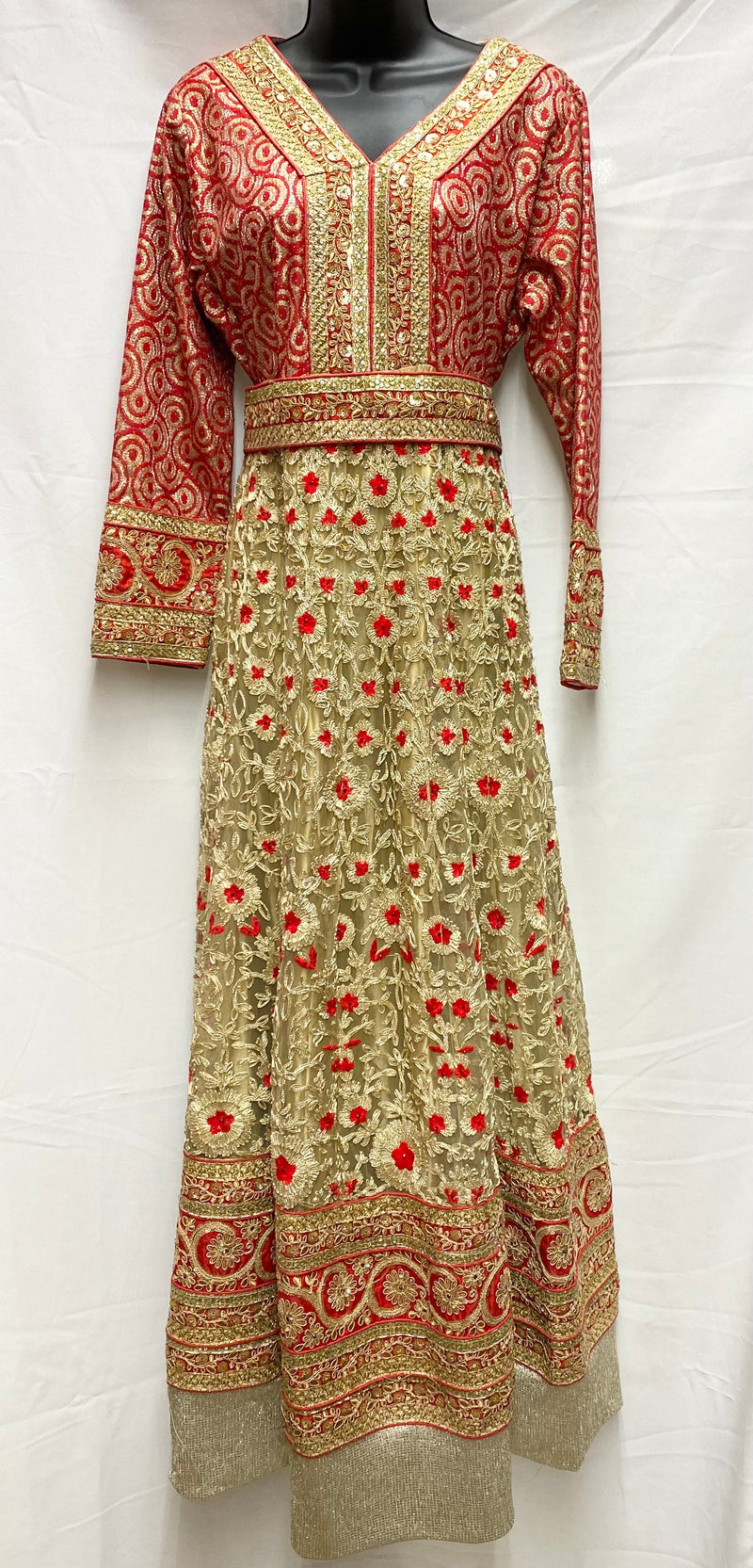 Kaftan dress laced & embroidered with satin underskirt Gold & Red stitching sizes [XL]