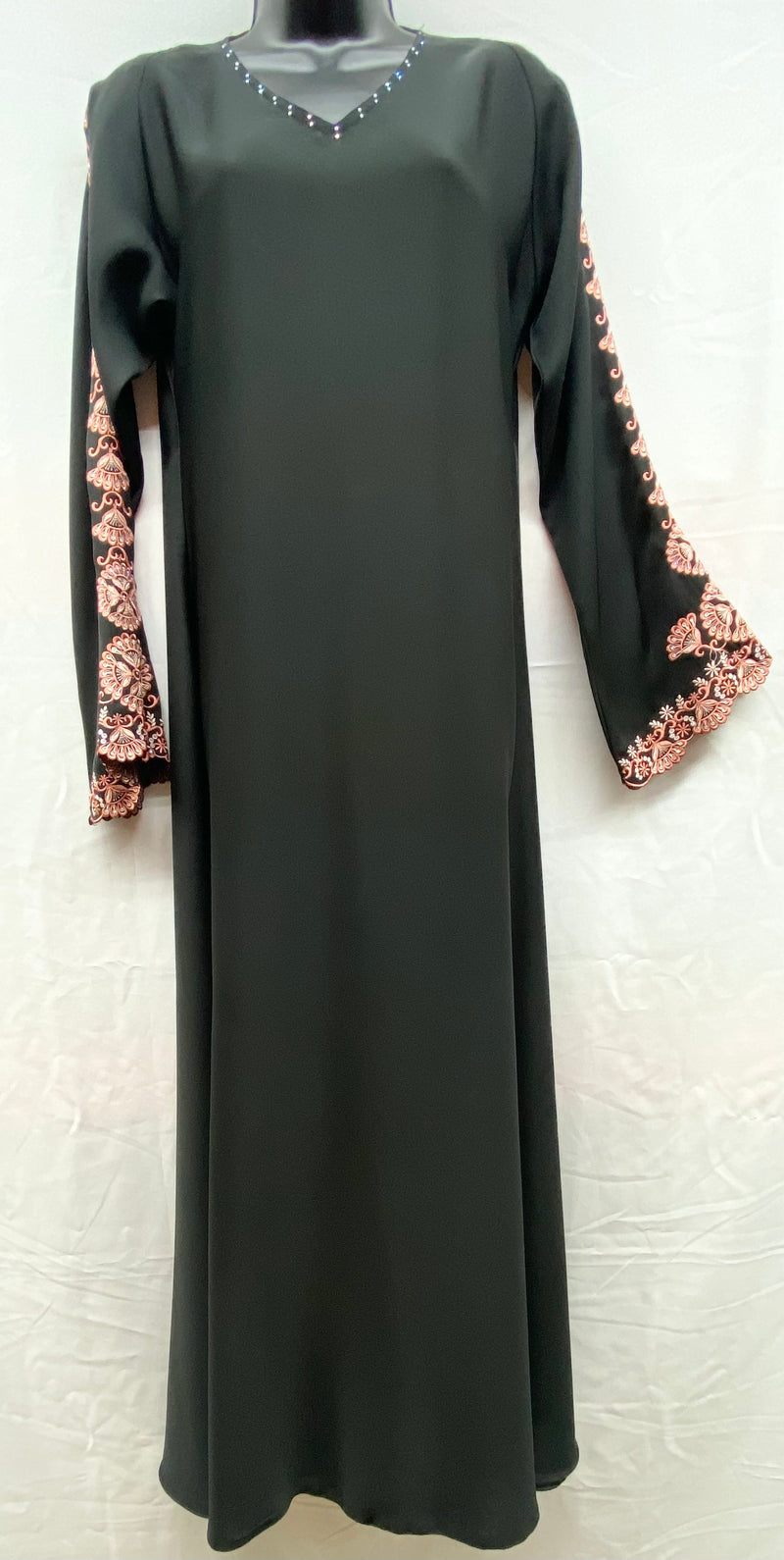 Abaya black with rose pink stitched sleeves rainbow rhinestones embedded  size[1]