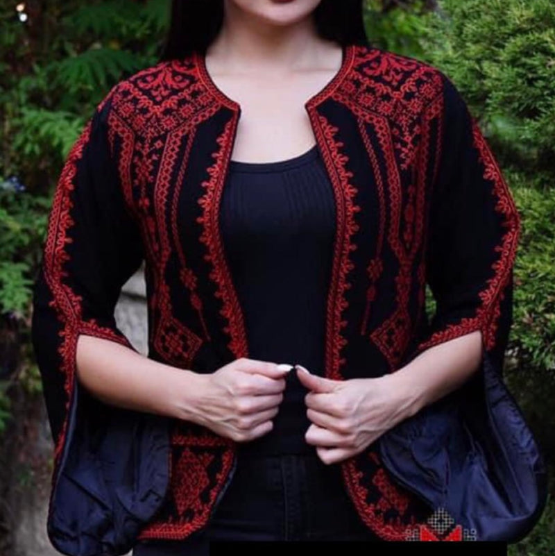 Embroidered short jacket black with red stitching size[3]