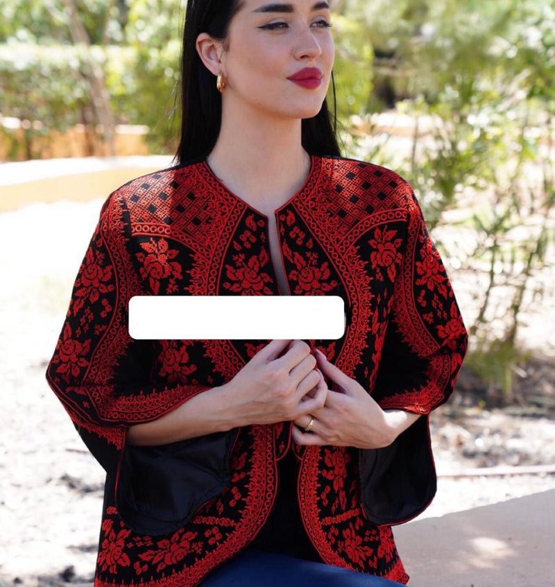 Embroidered short jacket black with red stitching size[3]