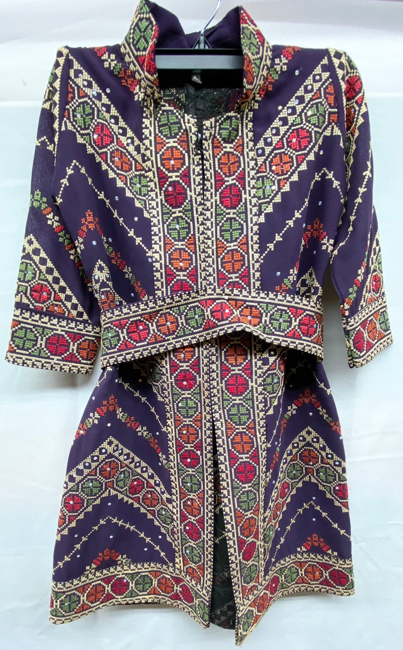 Embroidered Girls kaftan chiffon purple with gold & multi-color stitching with rhinestones size[2]