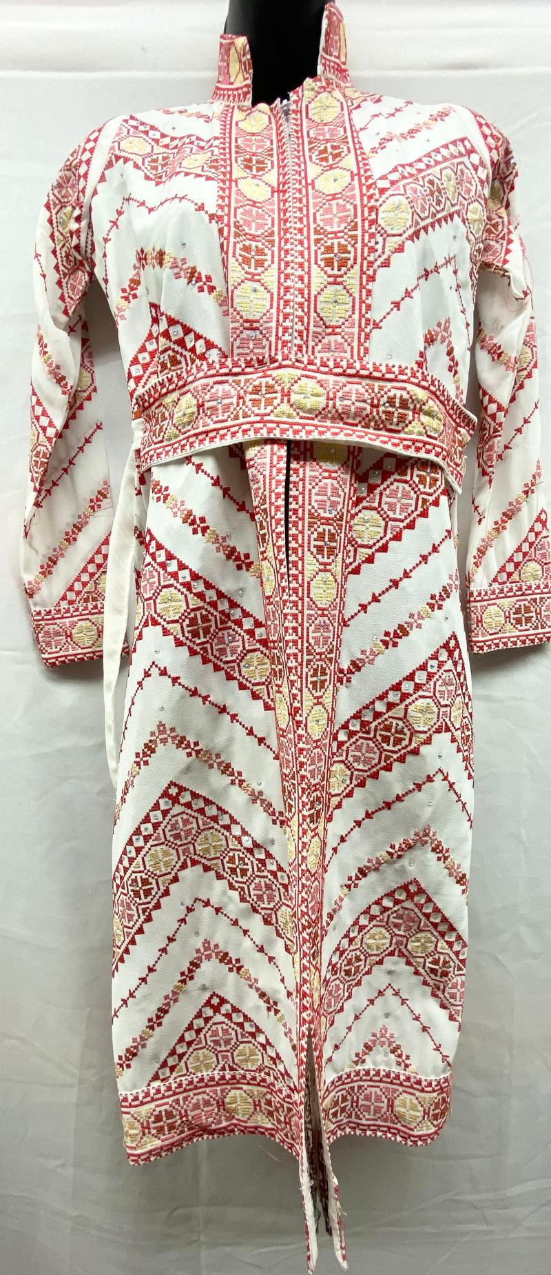 Embroidered Girls kaftan chiffon white with red& multi-color stitching with rhinestones size[5]