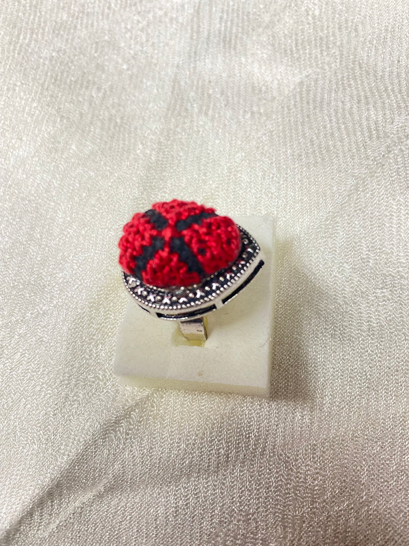 Embroidered adjustable size ring red & black.