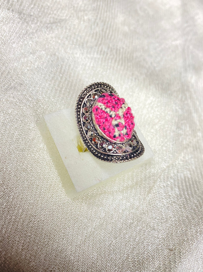 Embroidered adjustable size ring pink & white with rhinestones