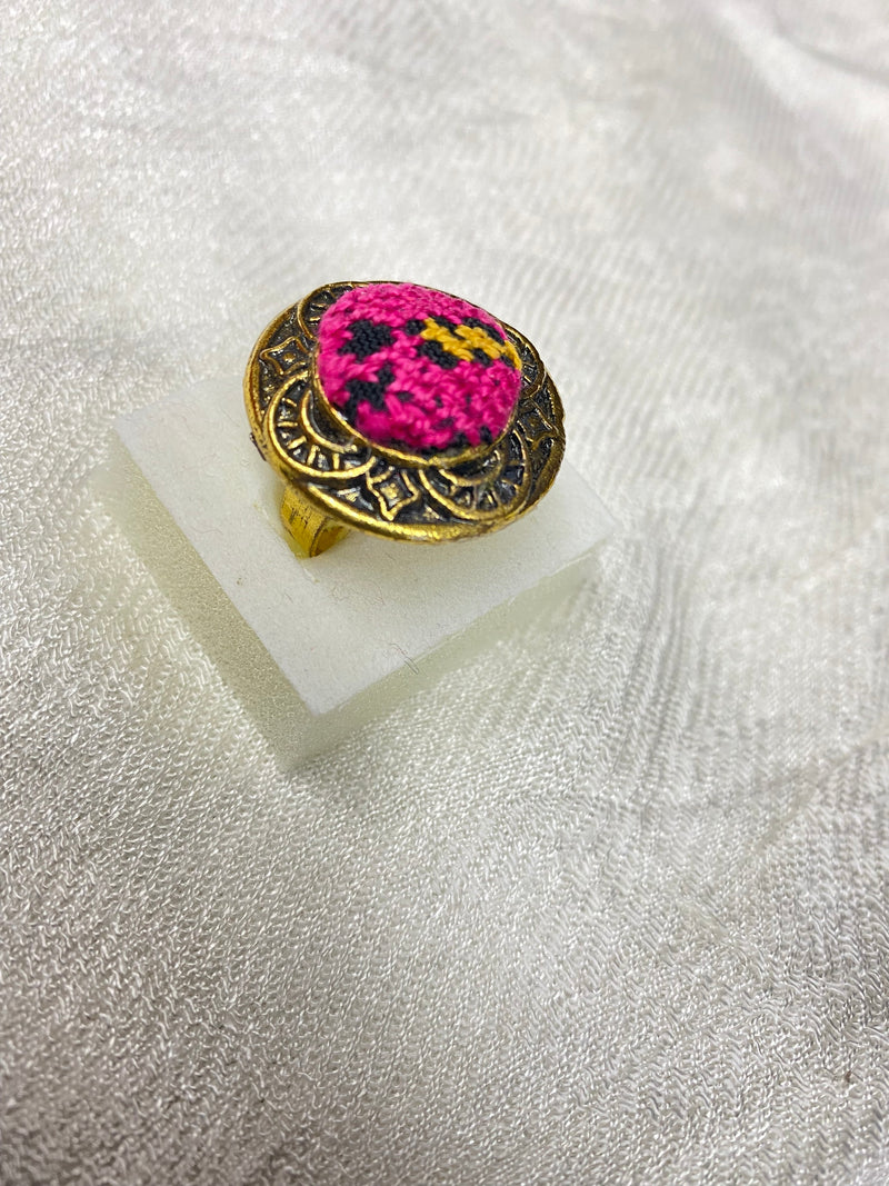 Embroidered adjustable size ring pink & black & gold.