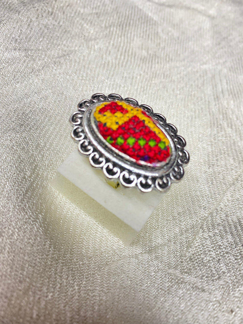 Embroidered adjustable size ring red & gold & green.