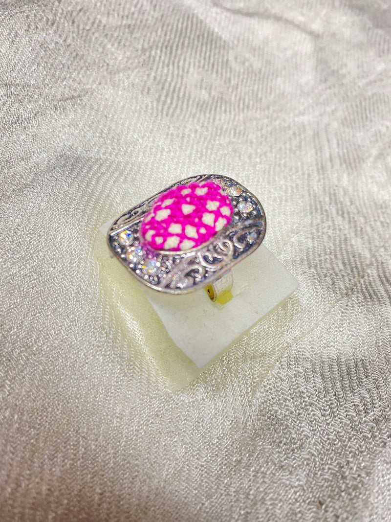 Embroidered adjustable size ring pink & white with rhinestones