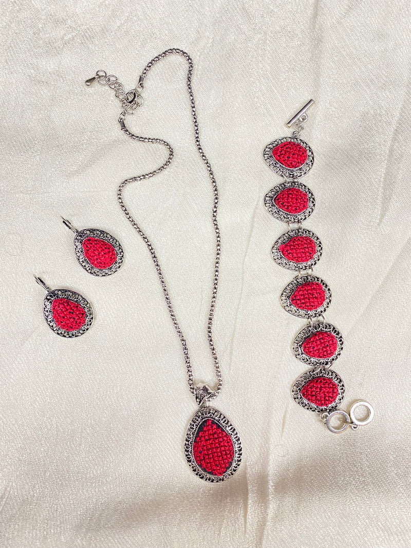 Embroidered neckless & earrings & bracelet set red & black