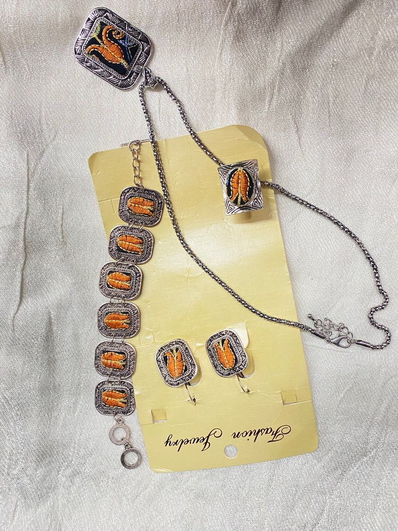 Embroidered neckless & earrings & bracelet & ring set black & yellow & orange