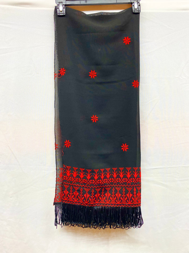 Chiffon embroidered machine made scarf black with red stitching