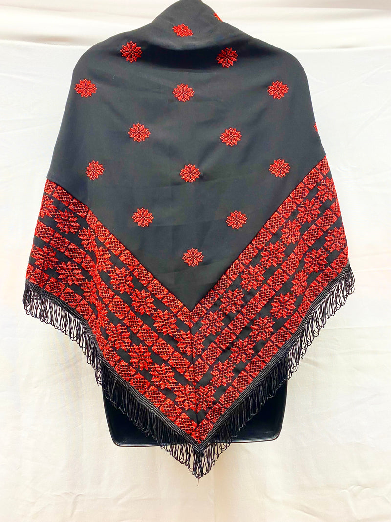 Fabric embroidered machine made scarf black with red stitching