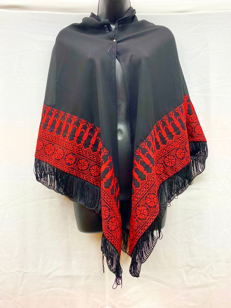 Chiffon embroidered machine made scarf black with red stitching