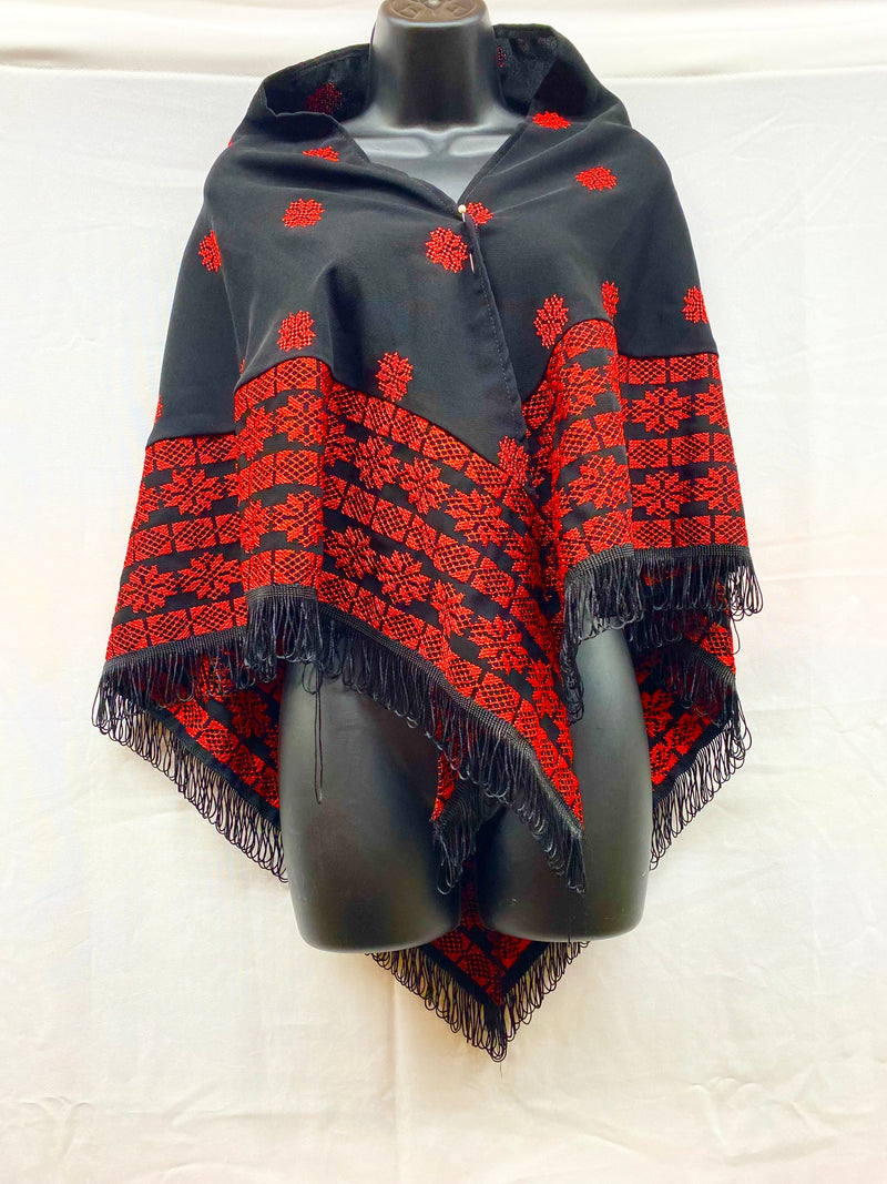 Fabric embroidered machine made scarf black with red stitching