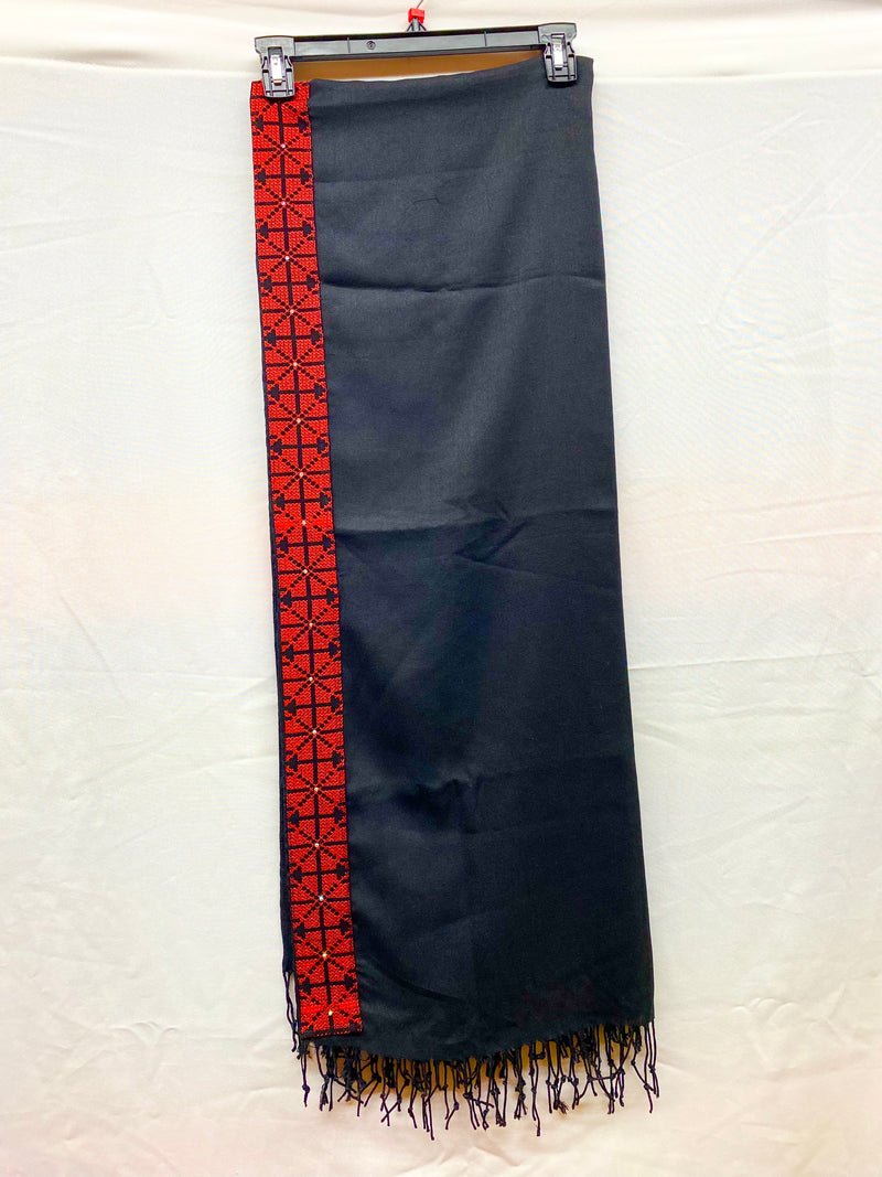 fabric embroidered machine made scarf black with red stitching & rhinestones