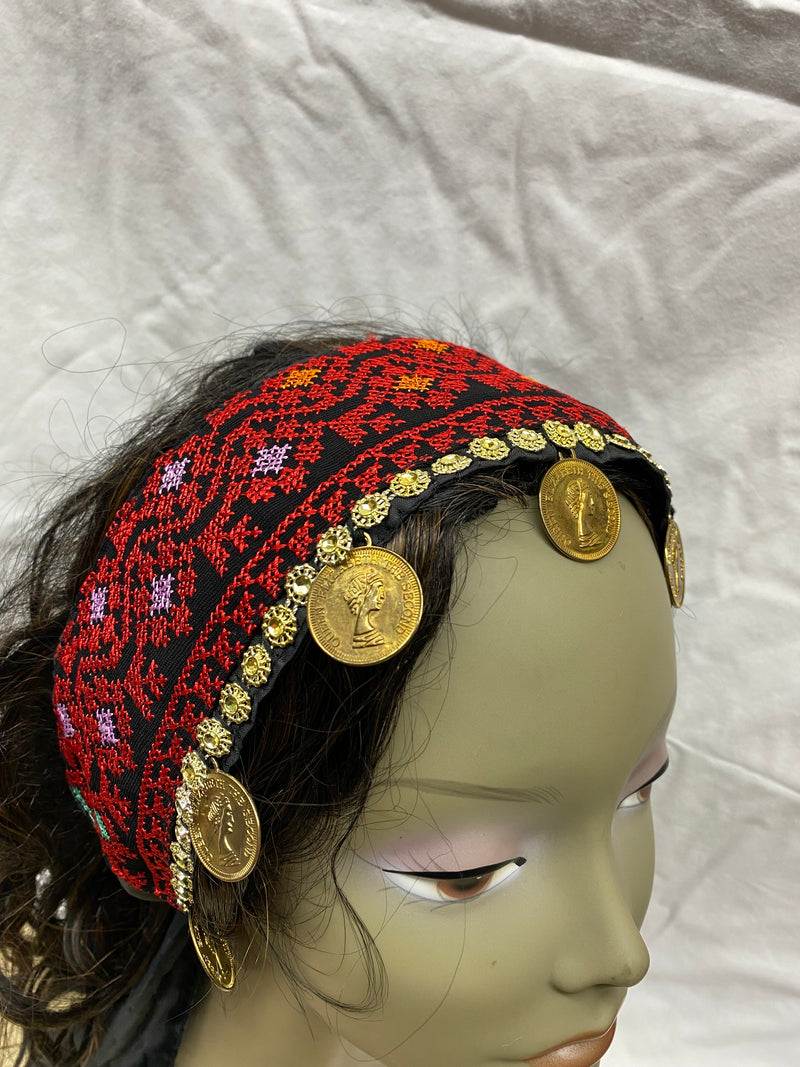Palestinian embroidered red & black & multi-color head scarf with gold plated coins