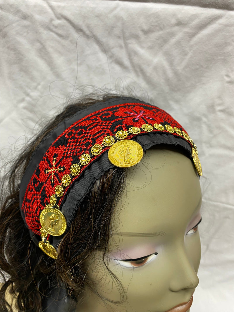 Palestinian embroidered red & black & multi-color head scarf with gold plated coins