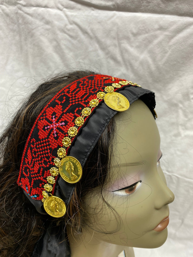 Palestinian embroidered red & black & multi-color head scarf with gold plated coins
