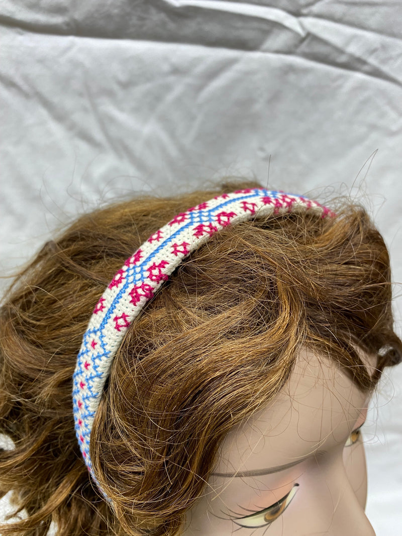 Palestinian embroidered head band white & pink & blue