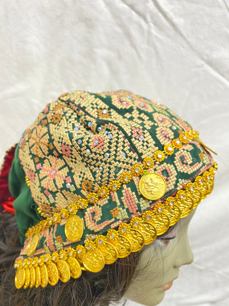 Palestinian embroidered green & red & multi-color head scarf with gold plated coins