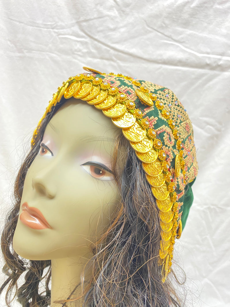 Palestinian embroidered green & red & multi-color head scarf with gold plated coins