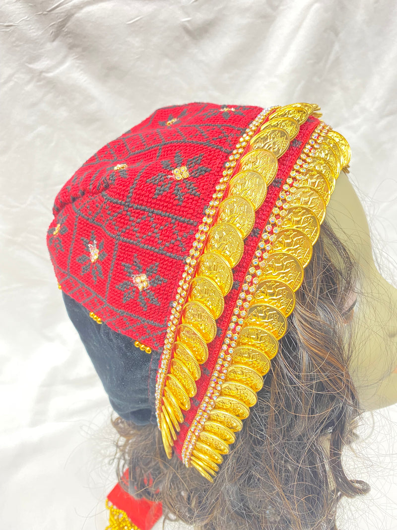 Palestinian embroidered handmade red & black head scarf with gold plated coins