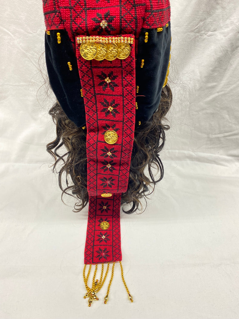 Palestinian embroidered handmade red & black head scarf with gold plated coins