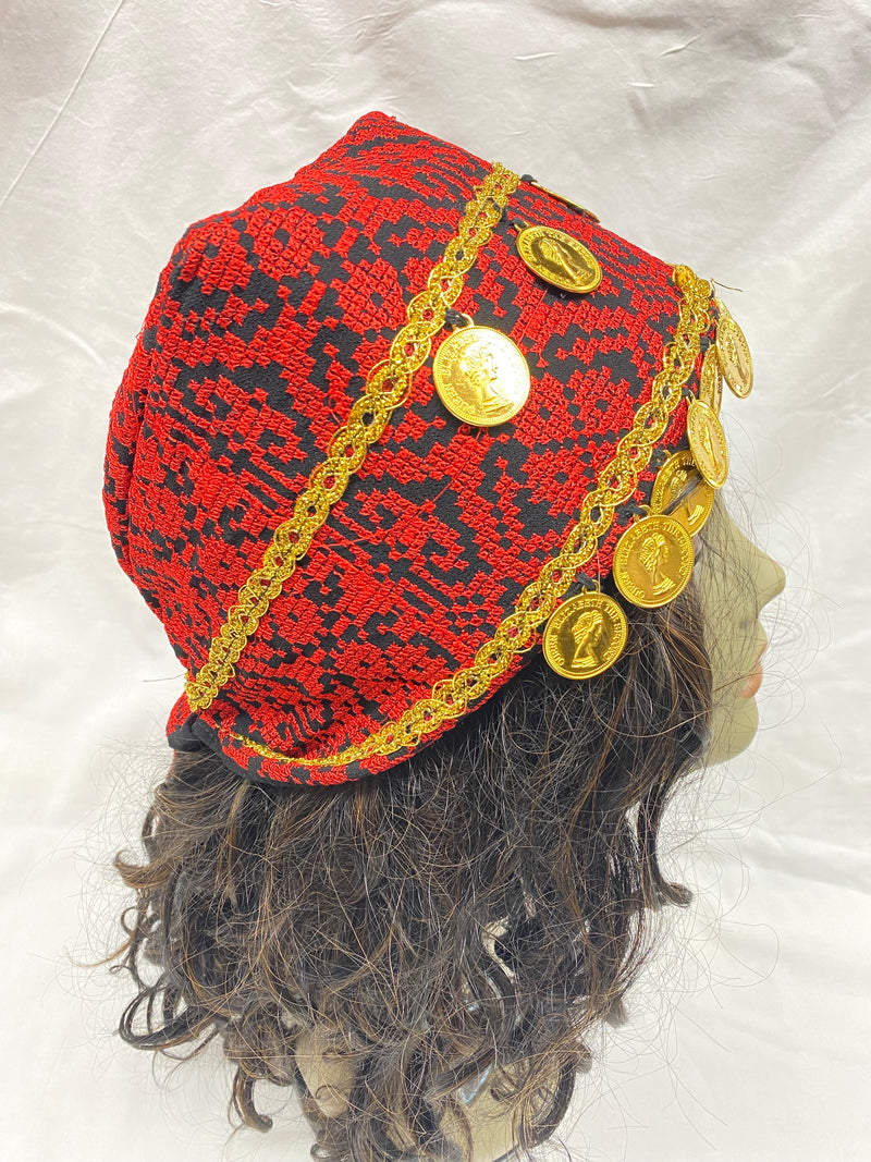 Palestinian embroidered red & black head scarf with gold plated coins