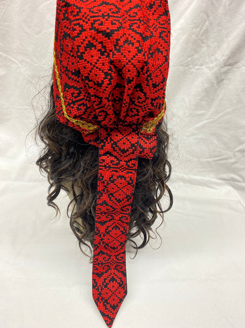 Palestinian embroidered red & black head scarf with gold plated coins